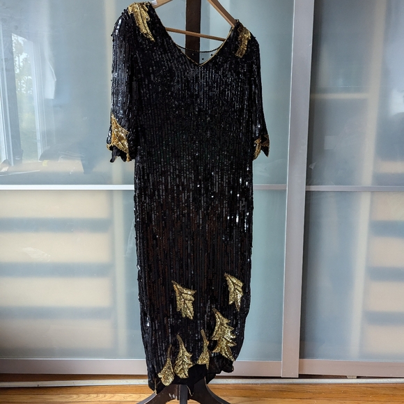 📼Stunning Vintage DOMINIQUE 3/4 sleeve sequin cascading leaf pattern dress - S - Picture 2 of 16